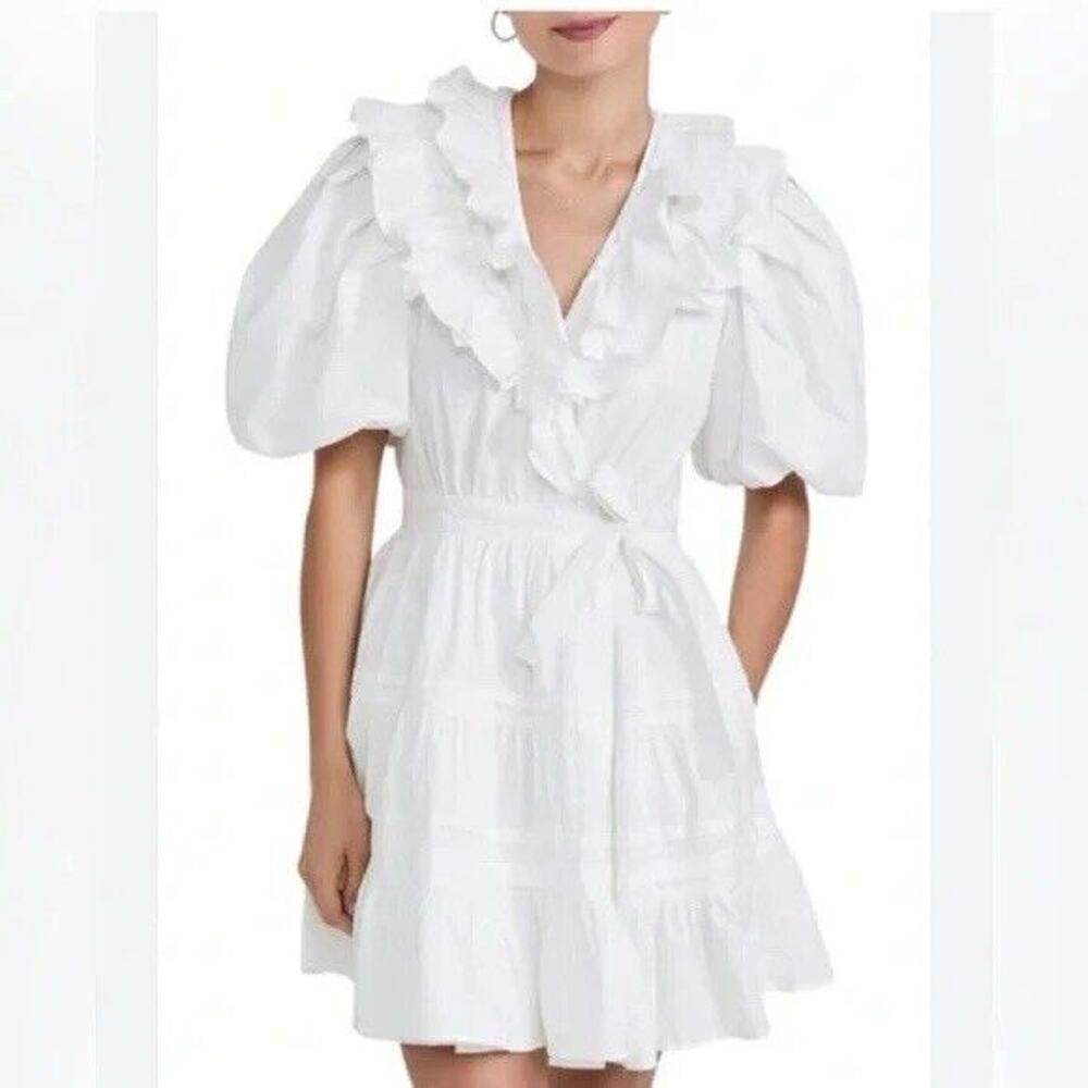 House of Harlow 1960 Puff Sleeve White Side Tie & Ruffles Dress Large Bridal